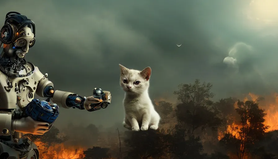 Image similar to a beautiful award-winning photo of a cyborg holding a small cat in his hands, serene post-nuclear background, a huge nuclear cloud, intricate details, numerous fires, volumetric lighting, haze, very high quality, extremely detailed, subtle visual noise, unreal engine 5, hyperrealistic, 8K