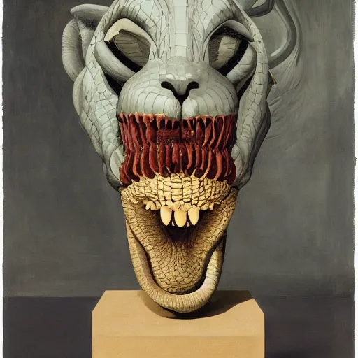 Image similar to a snake snake disguised as a lion head neck neck head mane tall long viper teeth head eyes giorgio de chirico peter doig greg rutkowski lucian freud arsen savadov dan witz vik muniz