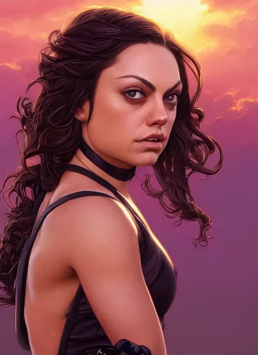 Image similar to epic portrait of Mila Kunis wearing black choker, a very strong muscled Amazon heroine, sun beams across sky, pink golden hour, intricate, elegance, highly detailed, shallow depth of field, epic vista, concept art, art by Artgerm and Donato Giancola, Joseph Christian Leyendecker