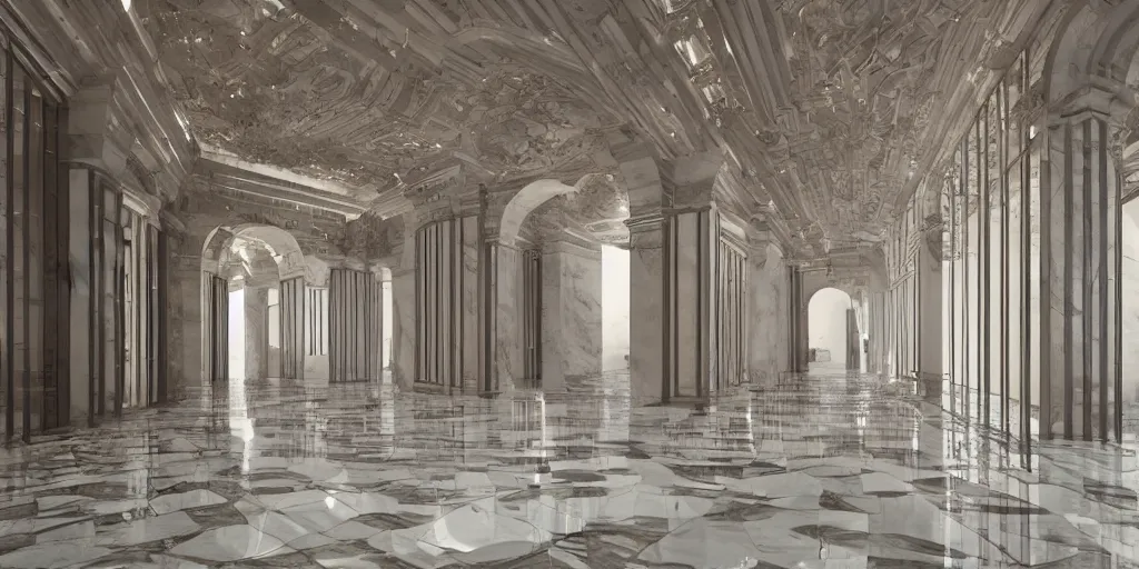 Image similar to the grand magical entrance, marble floors, art by kotaro chiba, volumetric lighting, epic composition