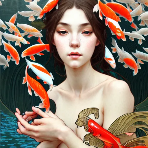 Image similar to Portrait of a girl surrounded by Koi fish, face, fantasy, intricate, elegant, highly detailed, digital painting, artstation, concept art, smooth, sharp focus, illustration, art by Yuhong Ding and Artem Demura and alphonse mucha