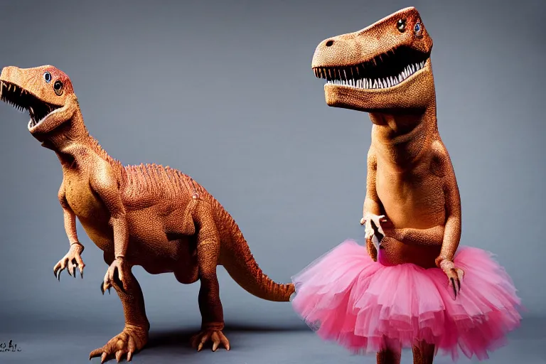 Image similar to dinosaur wearing a tutu, studio lighting, highly detailed, striking, inspiring