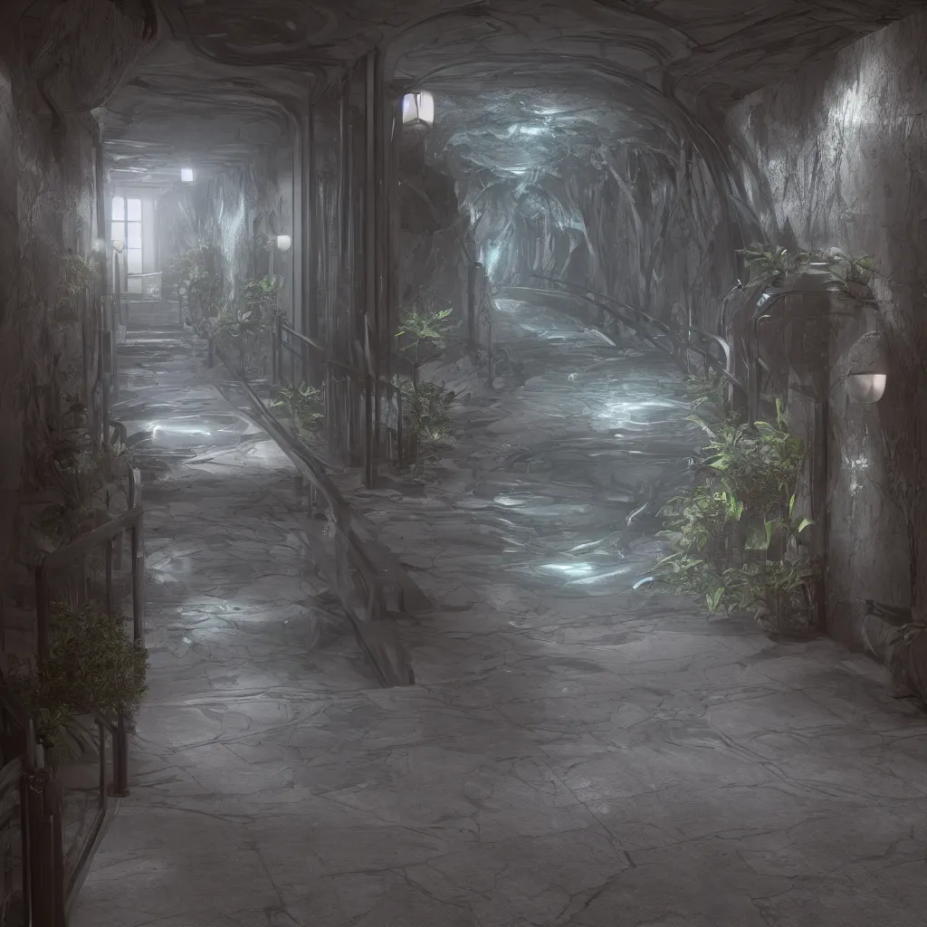 Image similar to entrance to river sci fi river hallway, octane render