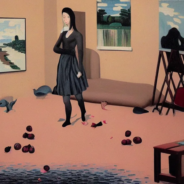 Image similar to female emo art student in her apartment, painting of flood waters inside an artist's feminine bedroom, a river flooding indoors, pomegranates, pigs, ikebana, water, octopus, river, rapids, waterfall, black swans, canoe, berries, zen, acrylic on canvas, surrealist, by magritte and monet