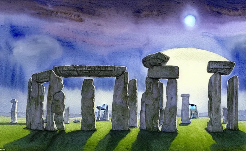 Image similar to a hyperrealist watercolour character concept art portrait of one small grey medieval monk pointing up in the air in front of a floating portal above a complete stonehenge monument on a misty night. a ufo is in the sky. by rebecca guay, michael kaluta, charles vess and jean moebius giraud