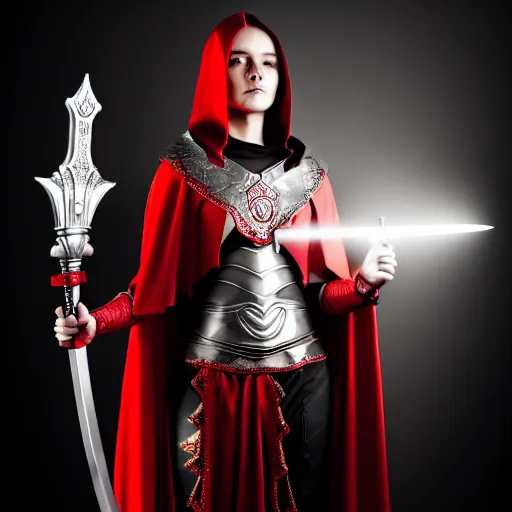 Image similar to a beautiful woman in a crimson cloak holding a glowing white spear and an obsidian shield, silver intricate armor, spotlight, ornate, realistic, cinematic lighting, sunbeams, volumetric lighting, epic pose, victorian, opulent 4 k