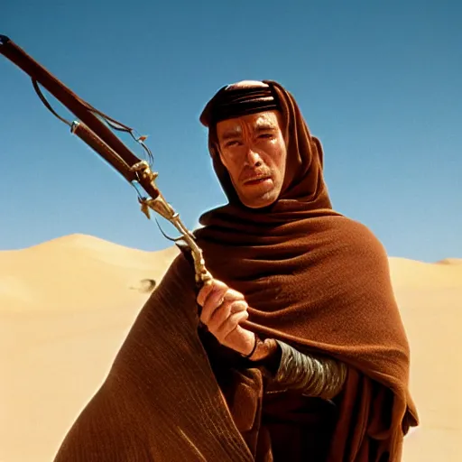 Image similar to peter o'toole as muadib, film still, 7 0 mm, lawrence of arabia, dune