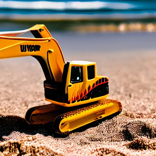 Prompt: an excavator toy sunbathing on the beach, depth of field, holiday vibe, photo style, ultra realistic