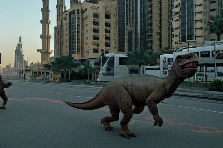 Image similar to cinematography dinosaurs in the streets of dubai by Emmanuel Lubezki