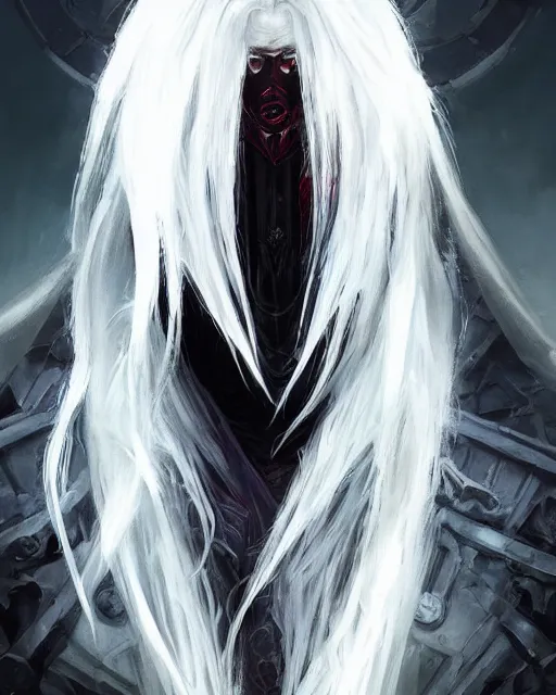 Prompt: '' Blood warlock with white hair, dark theme, white long hair, fangs,dark eyes, high detail, 4k , digital painting, artstation, concept art, sharp focus, illustration, art by greg rutkowski and alphonse mucha ''