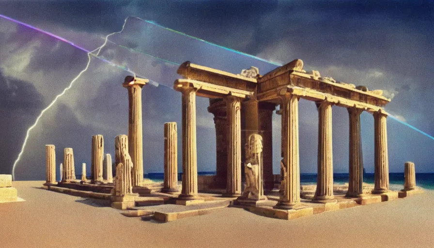 Image similar to A 1985 vintage magazine architecture photo of a beach doric temple, mediterranean architecture, refracted lines and sparkles, thunderstorm outside, beach on the background major arcana sky and occult symbols, hyperrealistic, award-winning, 1985