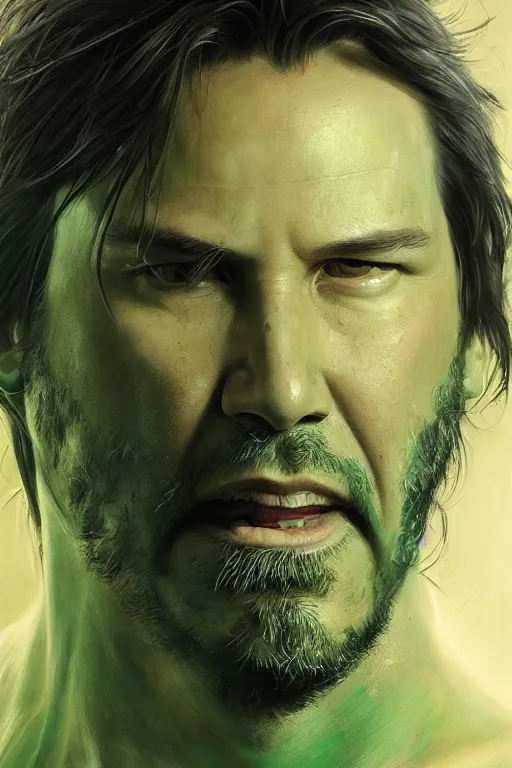 Image similar to Portrait of Keanu Reeves as green Hulk, marvel, dark, intricate, highly detailed, smooth, artstation, digital illustration by Ruan Jia and Mandy Jurgens and Artgerm and Wayne Barlowe and Greg Rutkowski and Zdislav Beksinski