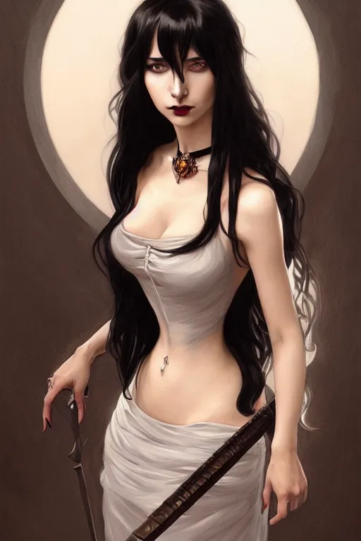 Image similar to Portrait of seductive female necromancer, D&D, revealing stylish dress, choker on neck, long black hair, mouth slightly open, slight nerdy smile, fantasy, intricate, elegant, highly detailed, digital painting, artstation, concept art, smooth, sharp focus, illustration, art by artgerm and greg rutkowski and alphonse mucha
