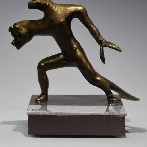 Image similar to antique 1930s France art deco. bronze figurine of a dinosaur dancing. on marble base. by Briand Marcel Bouraine. 30cm. high detail photograph. studio