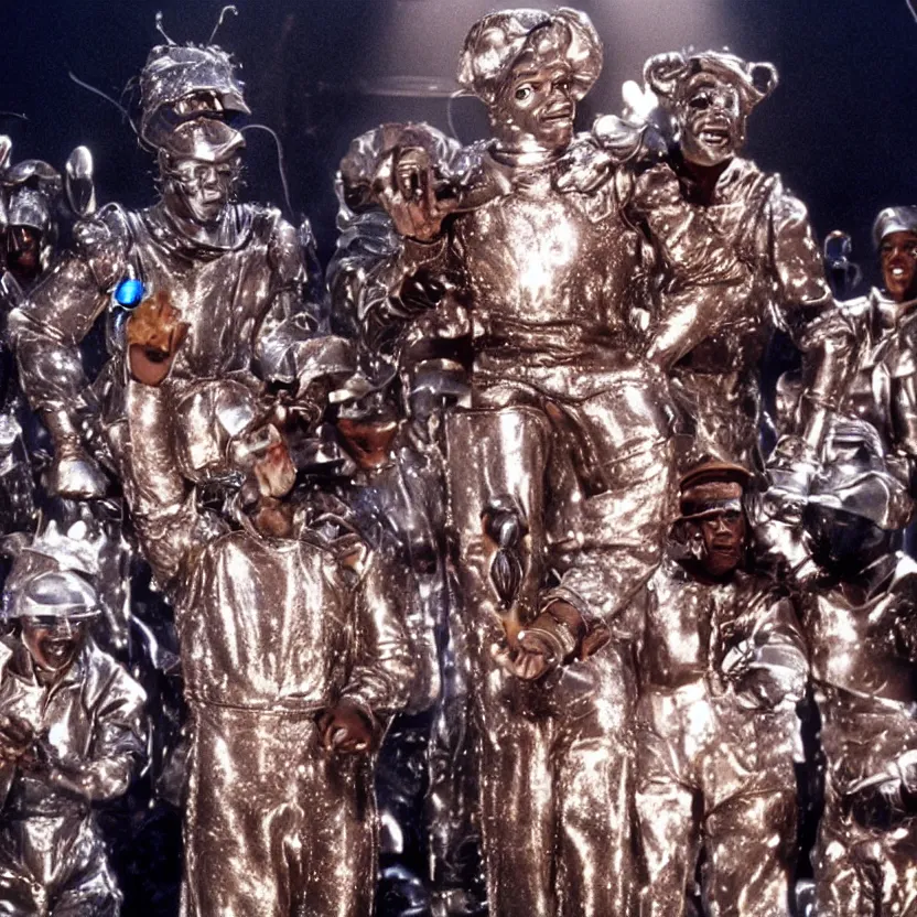 Prompt: a still from the movie the wiz the movie, futuristic cyborg tin man, happy singing & dancing, 4 k, highly detailed, award winning, look at all that detail!