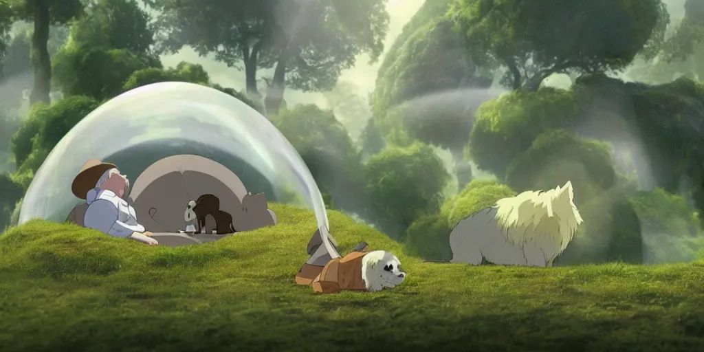 Prompt: realistic closeup from howls moving castle ( 2 0 0 4 ) of a grey monk and a dog sitting next, meditating inside cubic bubble in a woodland pyramid valley. bubble. cartoon depth of field.