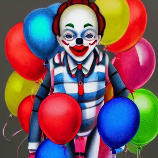 Prompt: Colored pencil art on paper, Clown with balloons fully body portrait, highly detailed, artstation, MasterPiece, Award-Winning, Caran d'Ache Luminance
