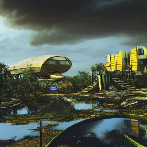 Image similar to post - apocalyptic epcot center, wasteland, submerged, monorail, abandoned, wet, swamp, swamp gas, nuclear fallout, yellow mist, yellow sky, dark clouds, walt disney world, highly detailed, intricate, 8 k