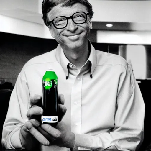 Prompt: Bill Gates holding a Mountain Dew 2 Liter of white liquid