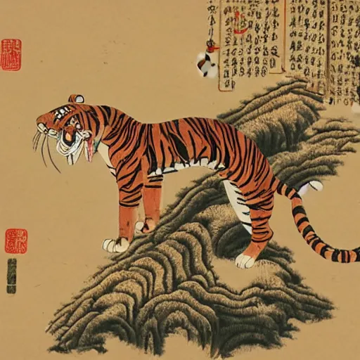 Image similar to a mighty tiger standing on a wooden log over the water, Chinese Art