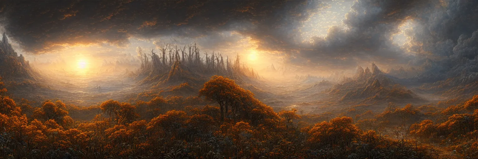 Image similar to ultra realist intricate detailed landscape painting of the end of the world, very intricate details, bokeh focus, 8 k render, by les edwards, award winning