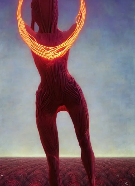 Image similar to Wanda Maximoff, dynamic pose, glowing, wires everywhere, by Edgar Maxence and Ross Tran, Zdzisław Beksiński, and Michael Whelan, distant, gustav dore, H.R. Giger, 8k, octane render