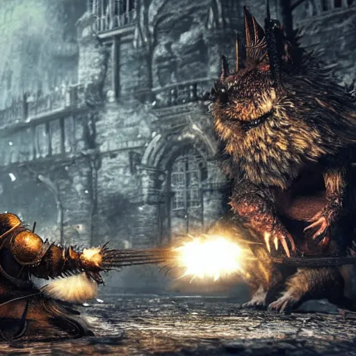 Prompt: A hamster in dark souls 3 fighting Irithyll of the Boreal Valley