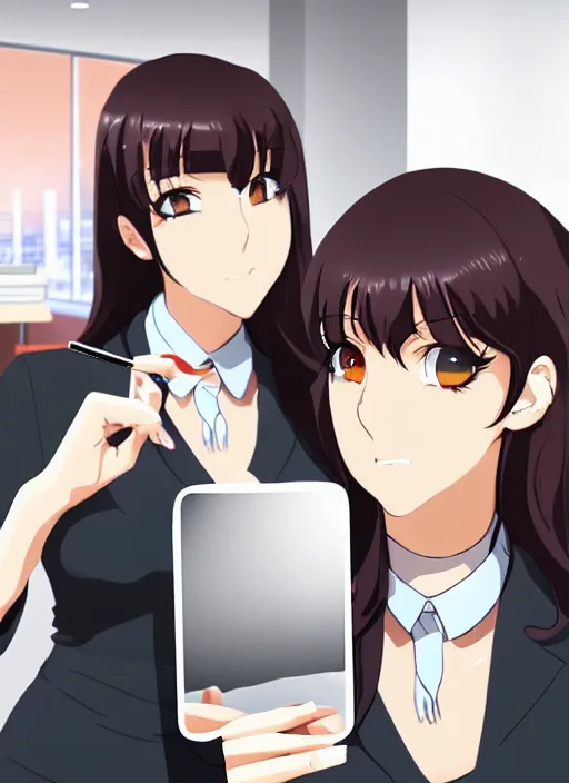 Prompt: a mirror selfie of two beautiful office ladies, gorgeous faces, thick lines, cinematic lighting, detailed anime art