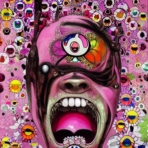 Prompt: pink scream by takashi murakami and h.r. giger, full body, oil on canvas, intricately detailed artwork, full 8k high quality resolution, recently just found unknown masterpiece