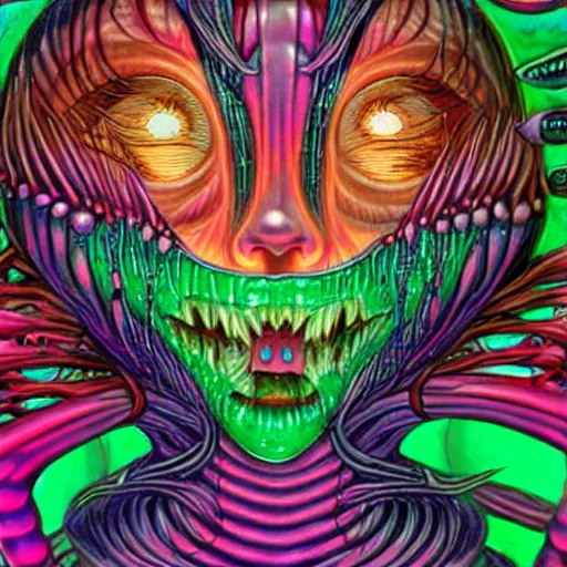 Prompt: closeup of an adorable cyber demoness, cute, eldritch woman abomination of unimaginable horror by alex grey and junji ito, speculative evolution, psychedelic illustration