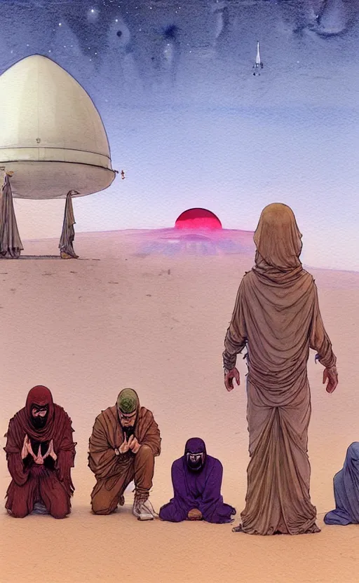 Image similar to a hyperrealist watercolour character concept art portrait of a group of middle eastern men kneeling down in prayer in front of a 1 2 ft. thin alien on a misty night in the desert. a ufo is in the background. by rebecca guay, michael kaluta, charles vess and jean moebius giraud