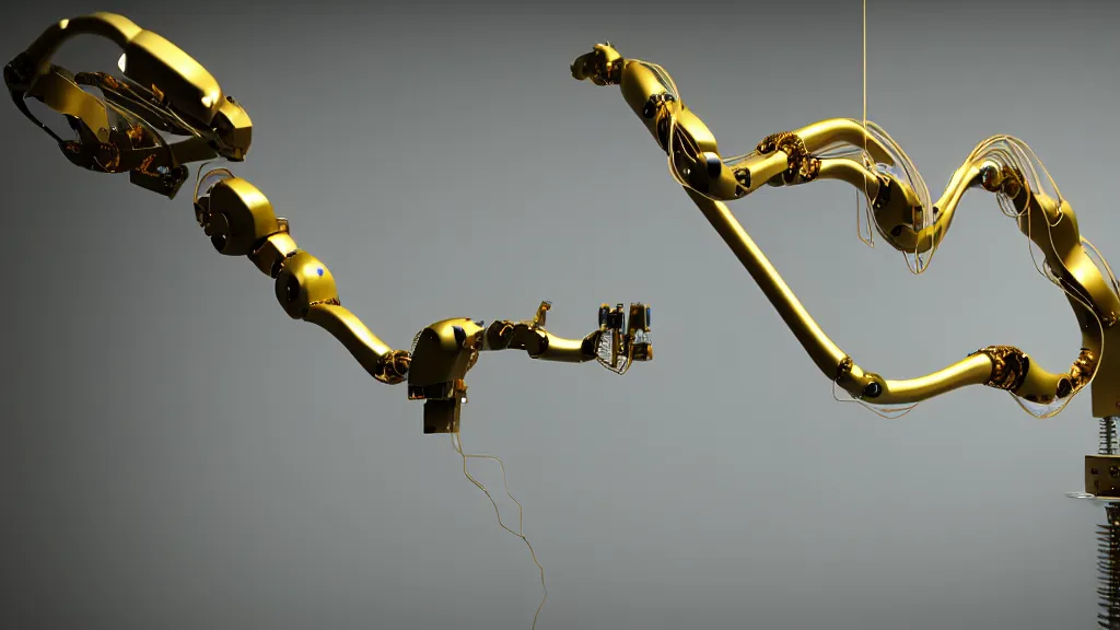 Image similar to a complex bifurcated robotic cnc surgical arm hybrid 3 d printer machine making organic ceramic kintsugi mandlebulb forms in the laboratory room, very thin gold wire, film still from the movie directed by denis villeneuve with art direction by salvador dali, wide lens, f 3 2, cinematic lighting, studio quality, smooth render, unreal engine 5 rendered, octane rendered