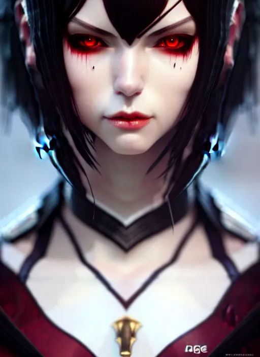 Image similar to full plate armor!!! beautiful and elegant dark hair female vampire!! gorgeous ayes!! character concept art, sharp focus, octane render! unreal engine 5! highly rendered!! trending on artstation!! detailed linework!! illustration by artgerm, wlop, and chie yoshii