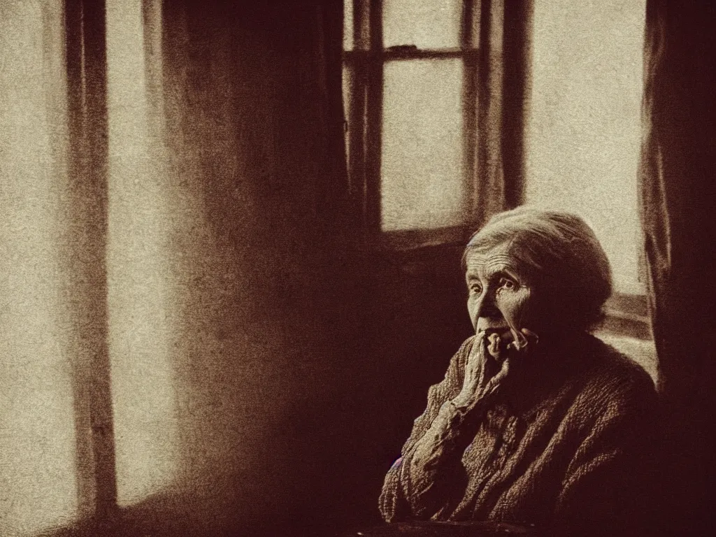Image similar to portrait bust of old woman sitting at table, hands in pockets, looking outside, tired expression, faded color film, russian cinema, tarkovsky, technicolor, inside old cabin, next to window, heavy forest outside, long brown hair, old clothing, heavy fog, brown color palette, sunset, low light, hudson river school, 4 k, dramatic lighting