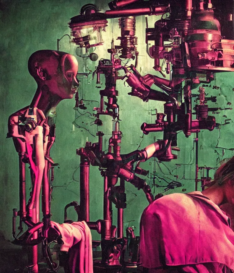 Image similar to a female mad scientist building a humanoid robot, in a darkly lit laboratory room, 1 9 5 0 s horror movie poster style, norman rockwell oil painting, close - up shot, retro science fiction, vintage, saturated pink and green lighting, shadowy lighting, cohesive