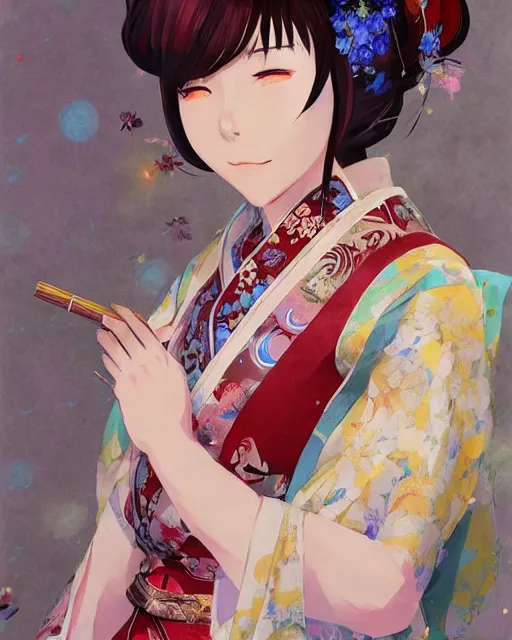 Prompt: An anime portrait of Ssunbiki as a beautiful woman wearing a kimono from Skyrim, by Stanley Artgerm Lau, WLOP, Rossdraws, James Jean, Andrei Riabovitchev, Marc Simonetti, and Sakimichan, trending on artstation, impressionist painting