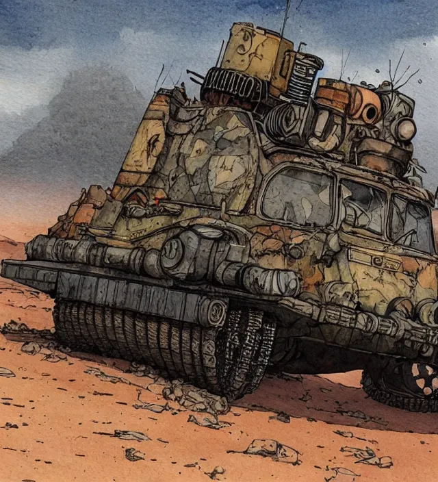 Image similar to a 3 / 4 view watercolor ink painting of a post - apocalyptic mad max / fallout style tank in the style of jean giraud in the style of moebius trending on artstation deviantart pinterest detailed realistic hd 8 k high resolution