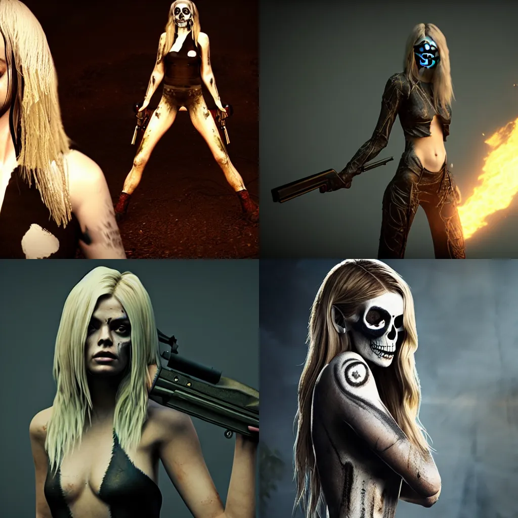 Prompt: octane, Unreal engine, Samara Weaving with skull paint, full body, holding a shotgun