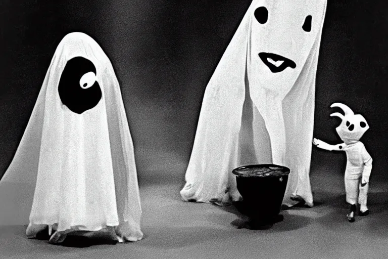 Prompt: still frame from a surreal 1979 children's tv show with a horror goat, ghost house, and a sad cheese puppet
