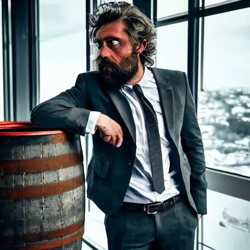 Image similar to A photo of a healthy man, messy hair, eyes, thick beard, suit, office, grungy, scars, waste barrels