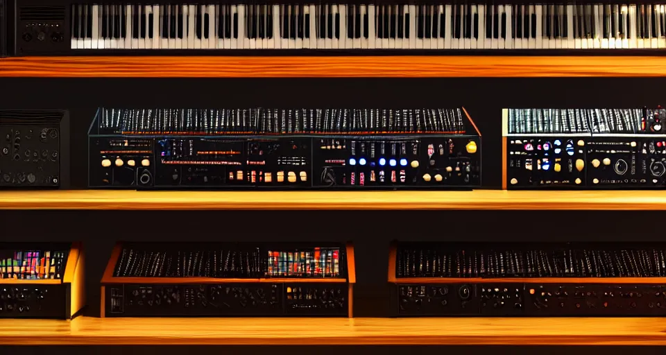 Image similar to a shelf of amazing synthesizers, cinematic lighting, detailed, beautiful colors, by greg rutowski and studio ghibli