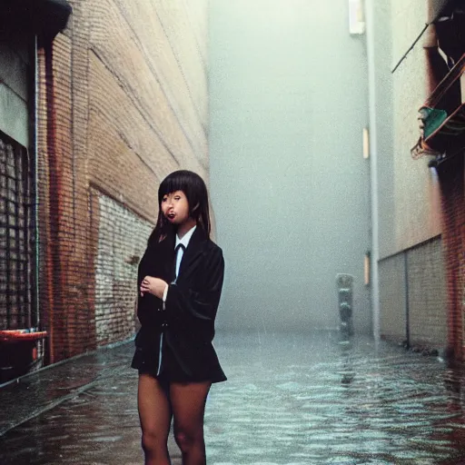 Image similar to 1990s perfect 8K HD professional cinematic photo of close-up japanese schoolgirl posing in sci-fi dystopian alleyway at morning during rain, at instagram, Behance, Adobe Lightroom, with instagram filters, depth of field, taken with polaroid kodak portra