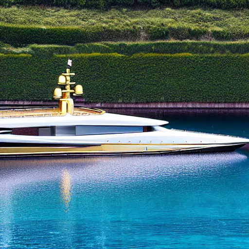 Prompt: gold plated mega yacht with two swimming pools and a helicopter landing pad, being polished by servant, docked at harbor, clear and focused, elegant, photograph