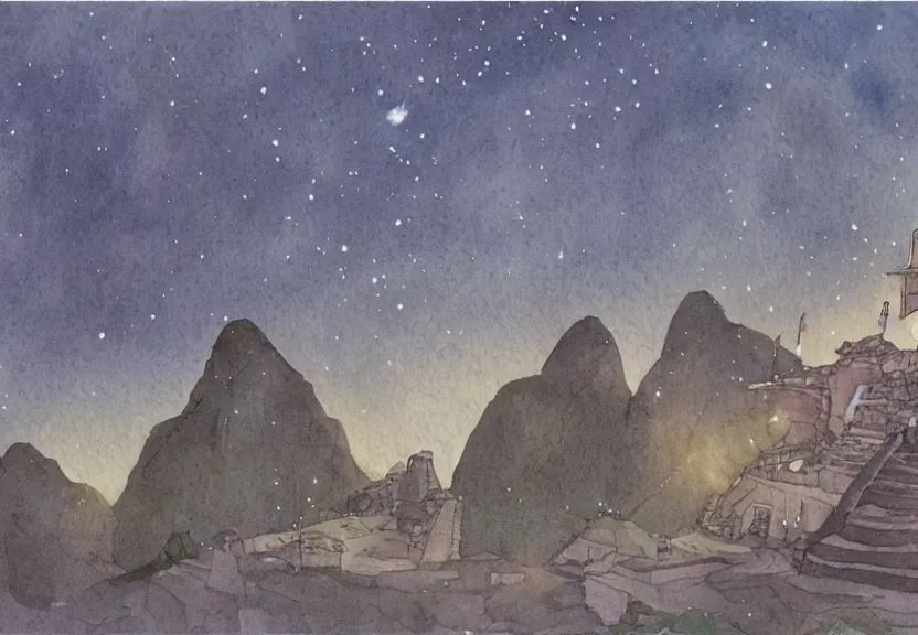 Image similar to a cell - shaded watercolor concept art from a studio ghibli film showing one giant grey alien. a temple is under construction in the background in machu pichu on a misty and starry night. by studio ghibli. very dull muted colors