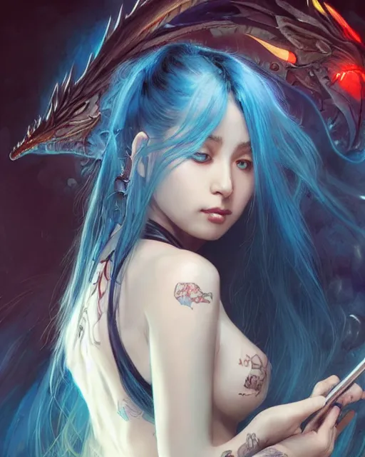 Prompt: stunningly beautiful female with a dragon back tattoo, blue hair, dj sura, laser lights, sharp focus, digital painting, 8 k, concept art, art by wlop, artgerm, greg rutkowski and alphonse mucha