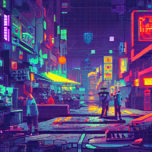 Image similar to fantastic lighting, pixel art, high detail , 16 bits, cyberpunk market, 2d