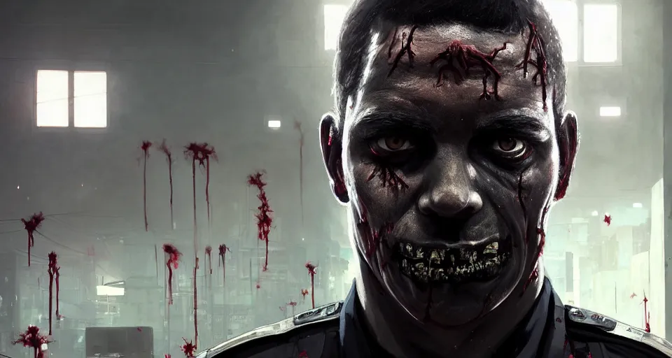 Image similar to highly detailed portrait black police officer zombie with gaping wounds in gta v, police station interior, stephen bliss, unreal engine, fantasy art by greg rutkowski, loish, rhads, ferdinand knab, makoto shinkai and lois van baarle, ilya kuvshinov, rossdraws, tom bagshaw, global illumination, detailed and intricate environment