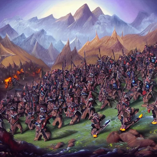 Image similar to painting of a dark mountain fighting armies of gnomes, epic, army formations, melle, ranged and siege