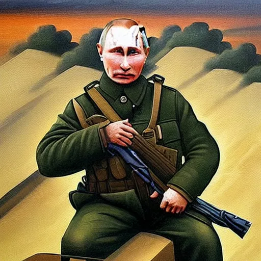 Image similar to Putin is sitting in the trenches and defending himself from Ukrainian troops, Retro futuristic painting style