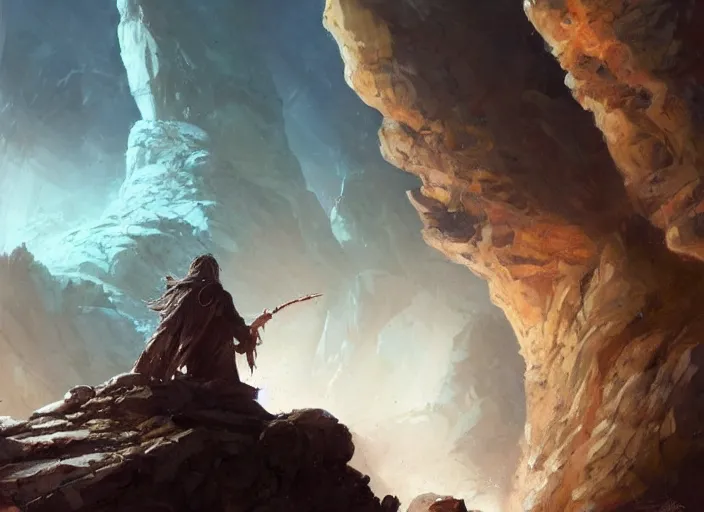 Prompt: a man with a long wavy black hair wearing a long blue coat and holding a spear in the background in a rocky chasm. in the foreground, a gigantic crab claw can be seen entering the right side of the frame. fantasy art by greg rutkowski